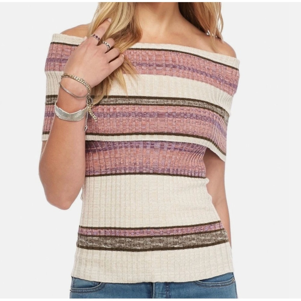 Free People Carley Ribbed Knit Top Purple Cream Womens Medium‎ Striped Festival